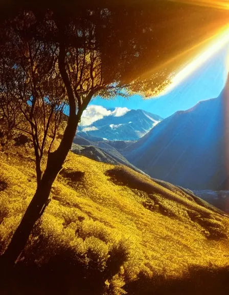 Image similar to vintage color photo of light rays shinning through Cordillera De Los Andes, 8k definition