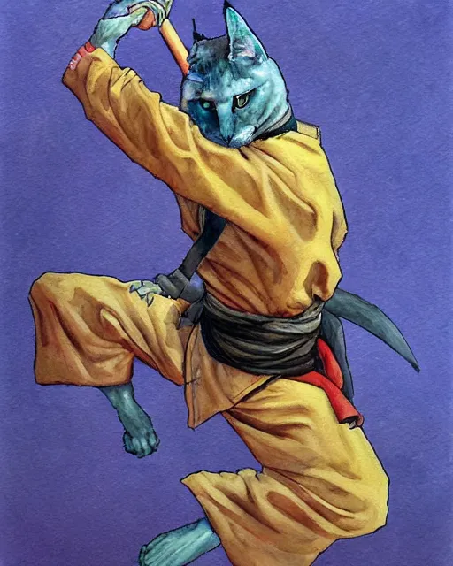 Prompt: a oil / watercolor painting full body character portrait of an anthromorphic cat martial artist / ninja in the style of moebius in the style of leonard boyarsky trending on artstation deviantart pinterest detailed photorealistic highlights and shadow hd 8 k post - processing high resolution