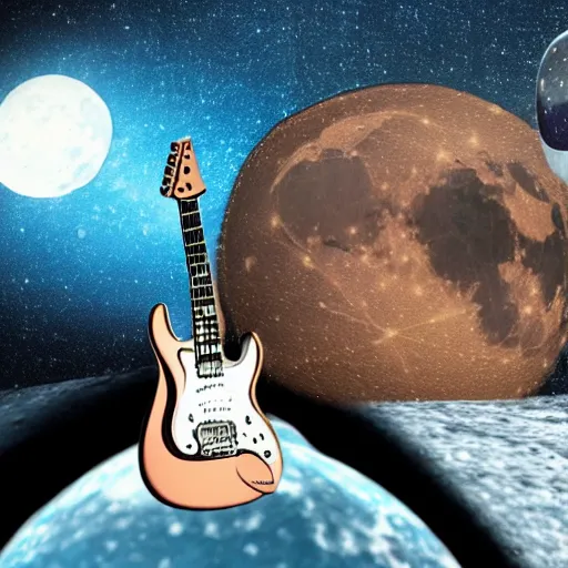 Image similar to a photo of a detailed, realistic, regular sized, sitting idle electric guitar next to an idle beer can next to an astronaut sitting on the moon surface. detailed photo. realistic photo