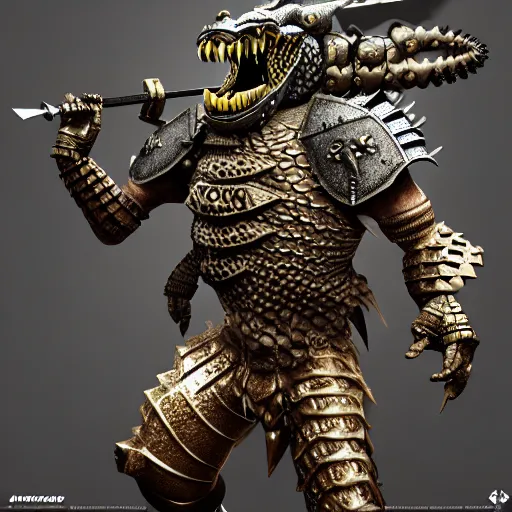 Image similar to warrior with metal crocodile themed armour, highly detailed, 4 k, hdr, award - winning, octane render, artstation