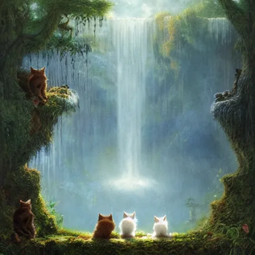 Image similar to two kittens watching the waterfall in the enchanted forest, fantasy, intricate, extremely detailed, matte, artstation, art by greg rutkowski, louis wain, alan lee