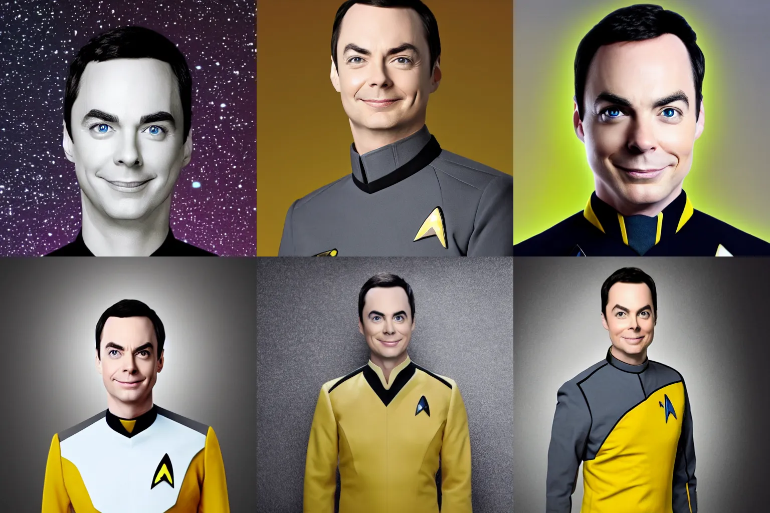 Prompt: Jim Parsons ad commander data, star trek , yellow uniform,grey skin, grey eyes, galaxy as background