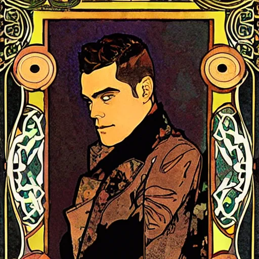 Image similar to robbie williams art by mucha.