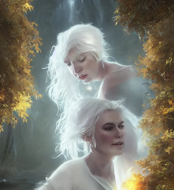 Image similar to portrait of a white haired woman wearing a crystal dress, autumn leaves falling, dramatic volumetric lighting, god rays, global illumination, soft, sharp focus, sci-fi, ivy, moss, trending on artstation, intricate concept art by Greg Rutkowski and WhimmY