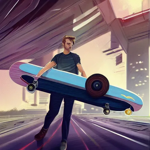 Image similar to a man holding a skateboard standing in front of a car, concept art, featured on cgsociety, retrofuturism, outrun