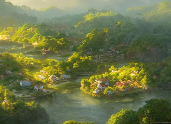 Image similar to concept art painting of a distant small woodland village in a valley seen from above, early morning, european japanese buildings, beside a river, cel shaded, detailed, realistic, by makoto shinkai and moebius and greg rutkowski and james gurney