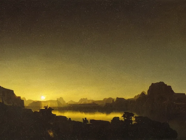 Image similar to an oil painting of a lake of black reflective oil on an alien planet with a distant outpost at dusk with aurora lighting up the sky by carl spitzweg and tuomas korpi. baroque elements, full-length view. baroque element. intricate artwork by caravaggio. Trending on artstation. 8k