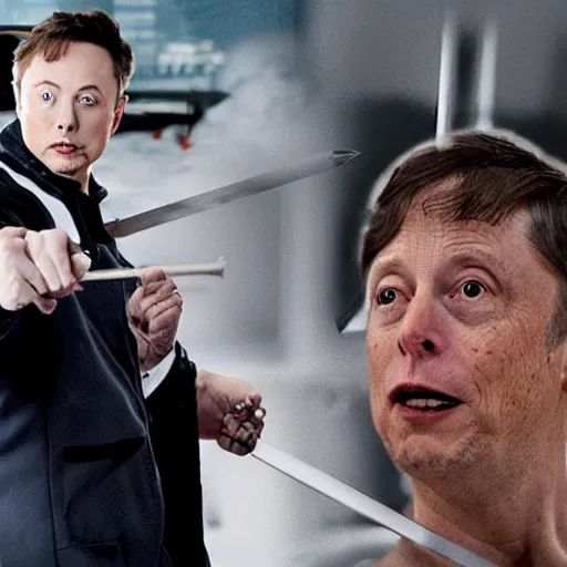 Prompt: film still of elon musk dueling bill gates with a fencing saber, epic cinematic