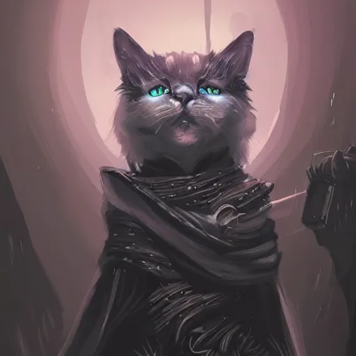 Image similar to black and white cat sorcerer, dnd fantasy digital art by Greg Rutkowski, extremely neon blue accents, extremely detailed fur, fire in the distance