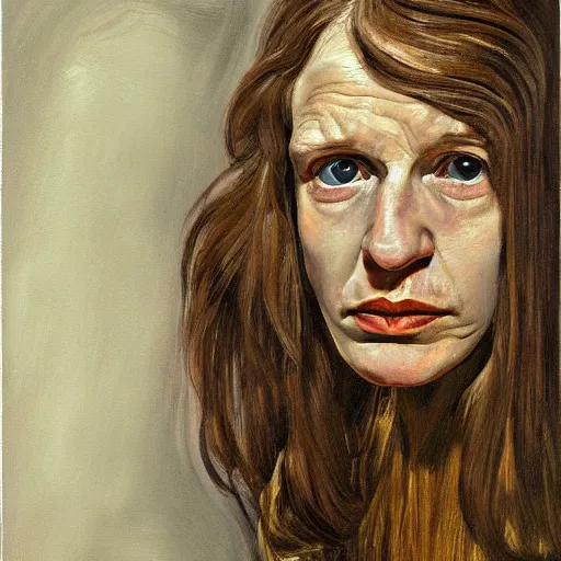 Image similar to high quality high detail painting by lucian freud, hd, long hair confused woman portrait, photorealistic lighting