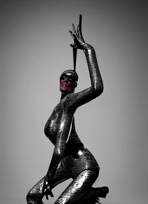 Prompt: a beautiful portrait of grace jones as a cyborg, by gilles berquet, serge lutens, hajime sorayama, wearing atsuko kudo latex outfit, photorealistic, intricate details, hyper realistic, photorealistic, photography, symmetrical features, symmetrical pose, wide angle shot, head to toe, standing pose, feet on the ground,