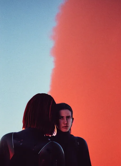 Image similar to cinestill 5 0 d photographic portrait of two loving female androids wearing rugged black techwear on a desolate plain with a red sky in front of a brutalist structure, extreme closeup, cyberpunk style, dust storm, 8 k, hd, high resolution, 3 5 mm, f / 3 2, ultra realistic faces, ex machina