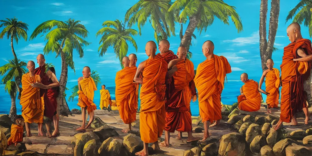 Prompt: Buddhist Monks, cowboys and monkey pirates and tropical island, retro future treasure, oil paint on canvas