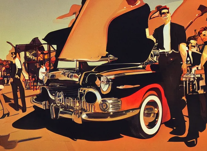 Image similar to rockabilly band 1950s, high detail, golden hour, 8K, by syd mead