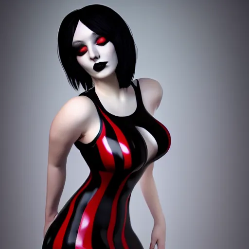 Image similar to a curvy pale goth goddess wearing an elegant modest tight shiny red-black striped latex high-neck dress, cgsociety, photorealistic, sublime-cool-hot-hyperadvanced, 16k, smooth, sharp focus, trending on ArtStation, volumetric lighting, fully clothed, thin waist