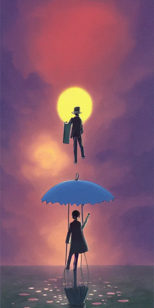 Image similar to a realistic cell - shaded studio ghibli concept art from paprika ( 2 0 0 6 ) of a man with an umbrella standing on a floating cube from close encounters of the third kind ( 1 9 7 7 ) on a misty starry night. very dull colors, hd, 4 k, hq