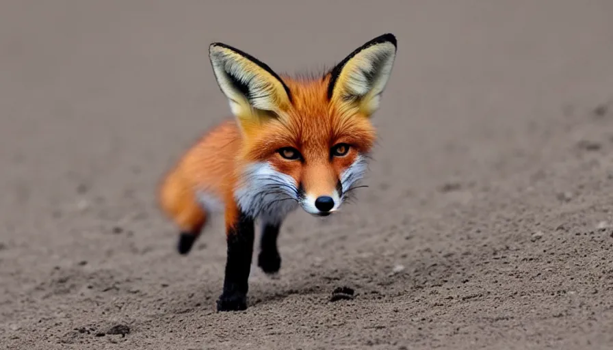 Prompt: a little fox with a french hat walking on mars, closeup.