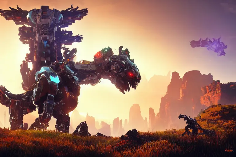 Image similar to behemoth machine mecha animal beast robot of horizon forbidden west horizon zero dawn bioluminiscence global illumination ray tracing hdr fanart arstation by sung choi and eric pfeiffer and gabriel garza and casper konefal