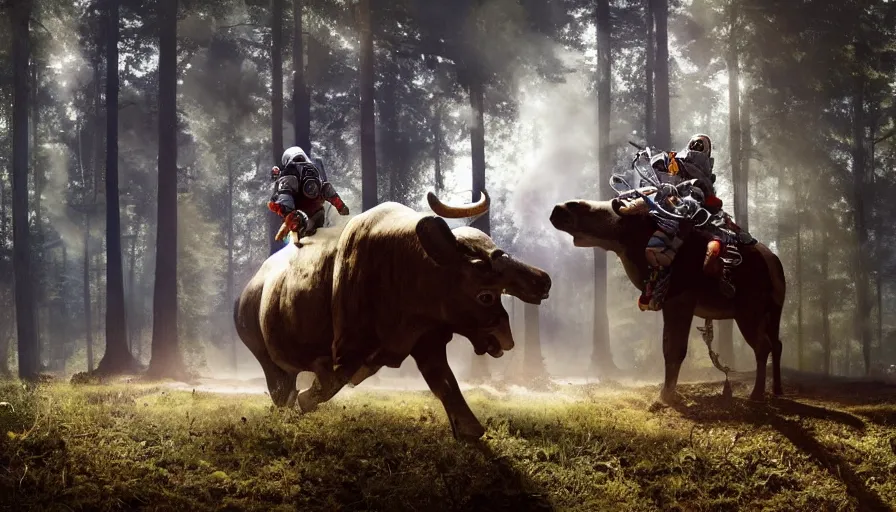 Prompt: american astronaut in the forest riding a bull, objects well lit, plants environment, wide angle, cinematic lighting, atmospheric, realistic, octane render, highly detailed, color graded, in the style of craig mullins