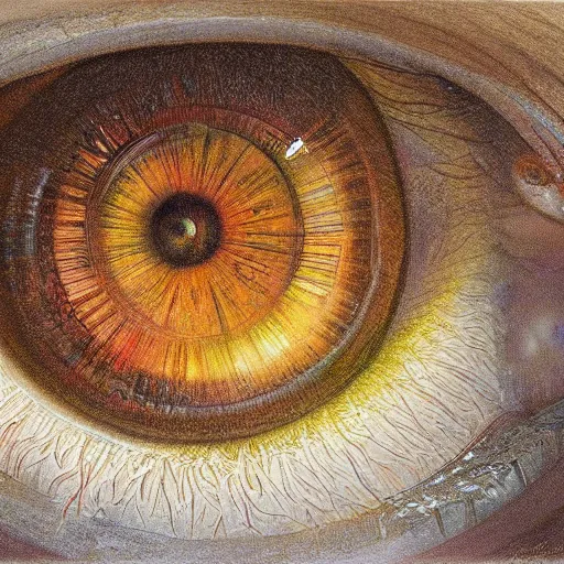 Image similar to robust, elaborate by bob eggleton, by louis majorelle. a drawing of a large eye that is looking directly at the viewer. the eye is composed of a myriad of colors & patterns, & it is surrounded by smaller eyes.