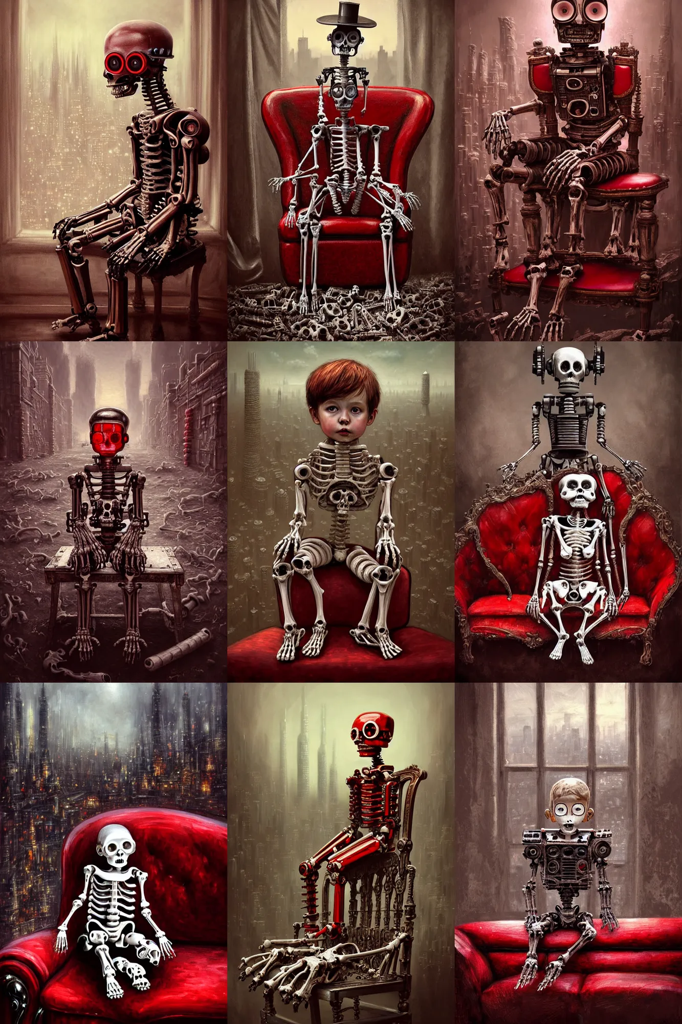 Prompt: photorealistic portrait photograph of a victorian robot child sitting down, sofa made entirely of bones, surreal cityscape background, red accents, fantasy, depth of field, highly detailed, intricate, realistic, soft glow, textured, artstation, concept art, sharp focus, illustration, painting by konan lim and durmus bahar