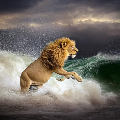 Image similar to a lion's face breaching through a wave, stormy weather