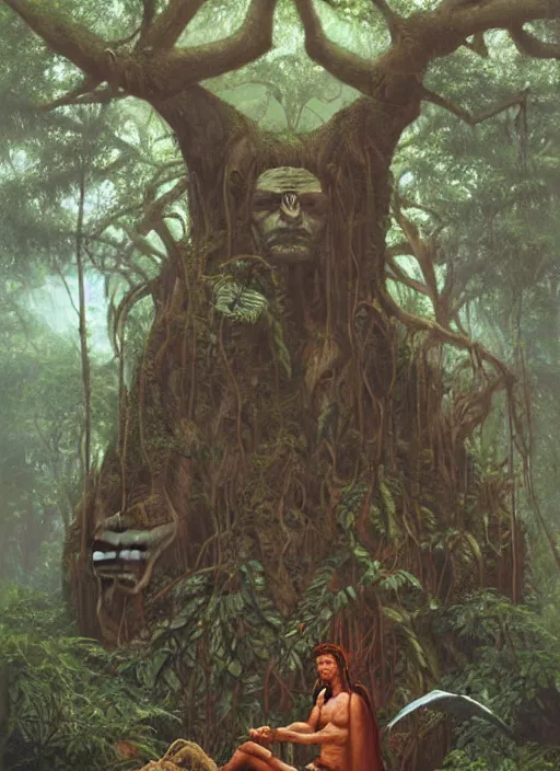 Image similar to a shaman sitting in the jungle, with giant face of an ancestor in a tree behind him, hyper detailed, art by christophe vacher