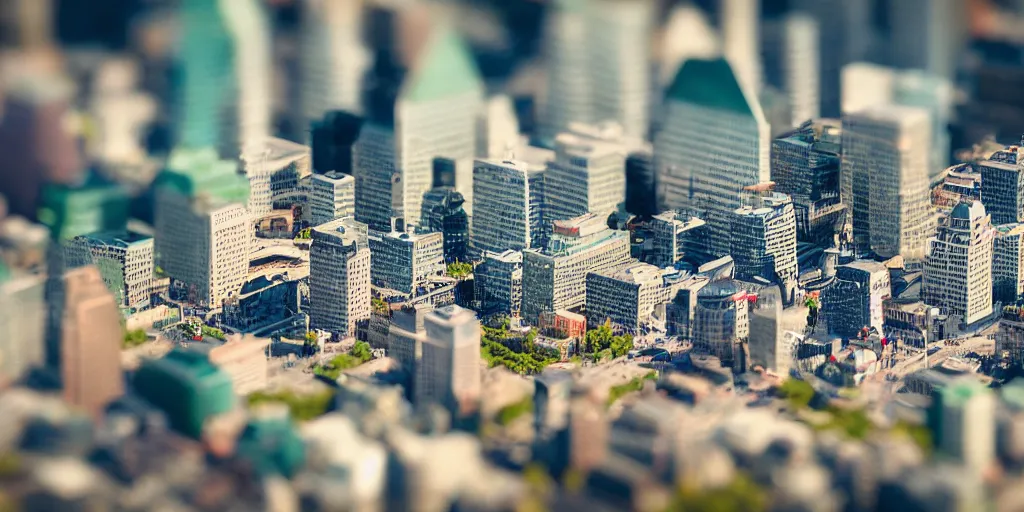 Prompt: a miniature diorama of downtown montreal, macro photography, tilt shift