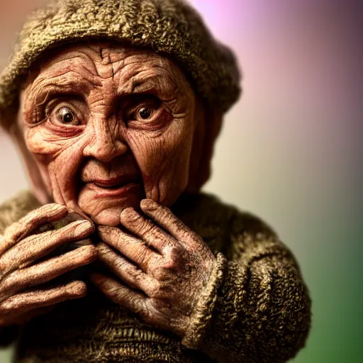 Prompt: miniature ancient old woman in palm of giant hand, short dof, macro photo, tiltshift, cutest, large head, tiny body, hyper realistic, minutely detailed, 8 k