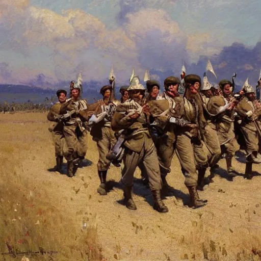 Image similar to detailed wide shot of soldiers marching in the field, spring light, painting by gaston bussiere, craig mullins, j. c. leyendecker