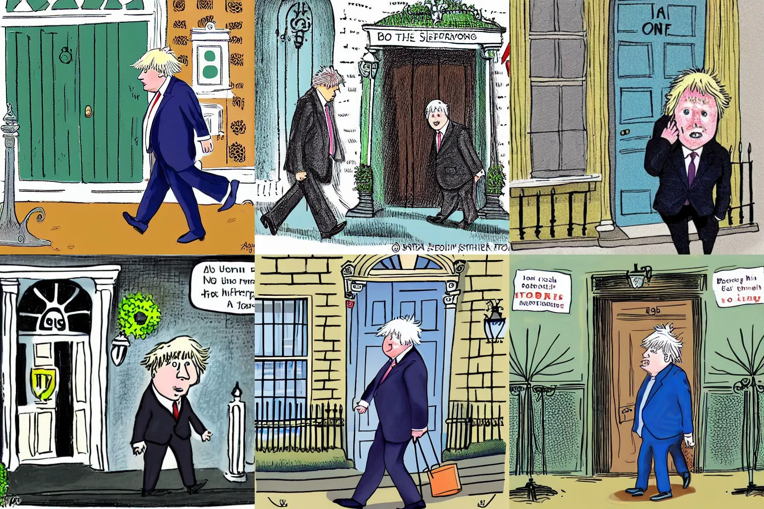 Prompt: Boris Johnson leaving no 10 downing Street illustration by axel scheffler