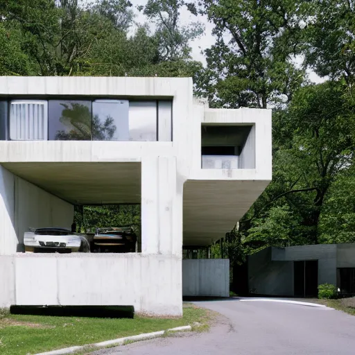 Image similar to second story elevated white brutalist home perched atop 2 equidistant separated large piers, double cantilevered design, large windows, elegant, white stone, proportion, golden ratio, epic composition, steel window mullions, cars parked underneath