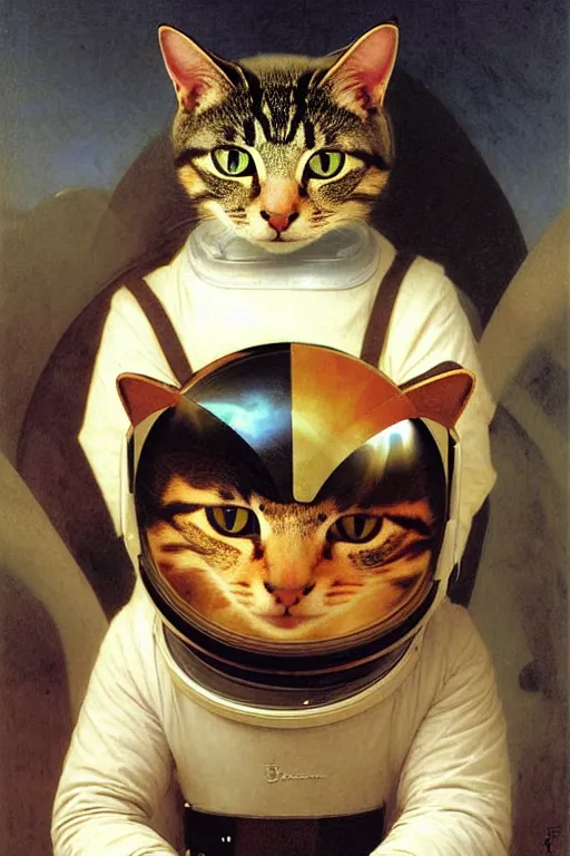 Image similar to portrait of a cat astronaut with armor and helmet, by bouguereau