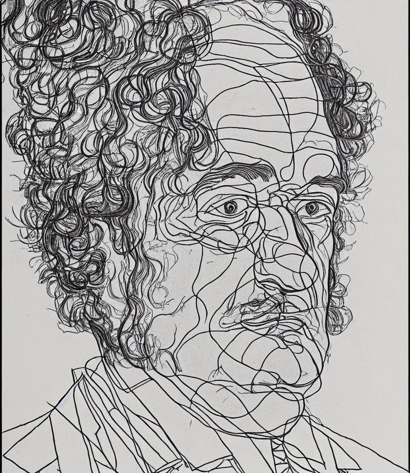 Image similar to detailed line art portrait of music composer richard wagner, inspired by egon schiele. contour lines, musicality, twirls and curves, strong personality