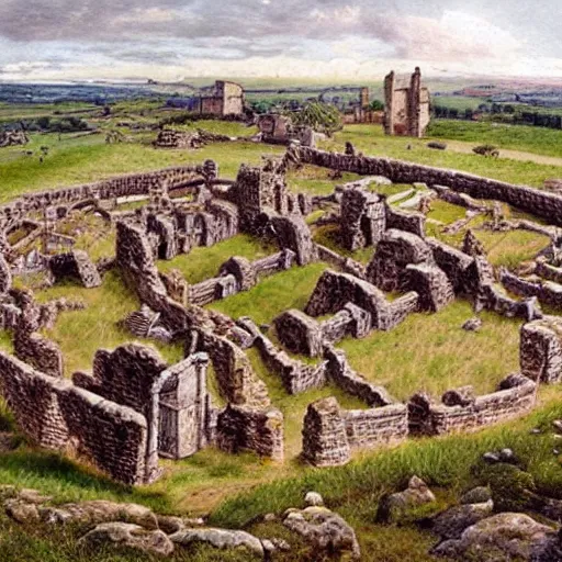 Image similar to a sprawling pictish settlement built around roman ruins in the english countryside, dark ages, 8 th century, by james gurney