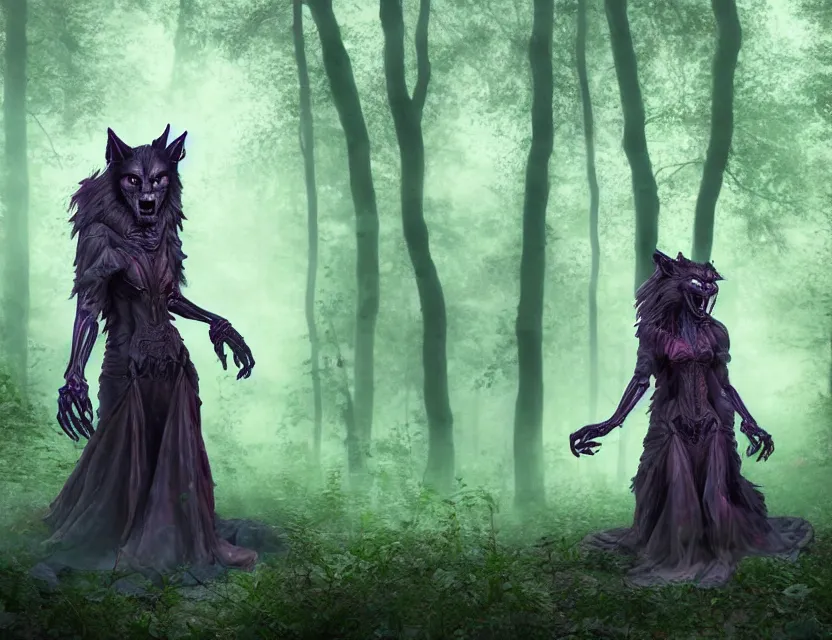 Prompt: draped werewolf priestess with delicate biomechanical components wandering in the woods. safe for work, complementary colors, professional photography, matte painting, luminescent, 3 d render, 4 k, rimlight.