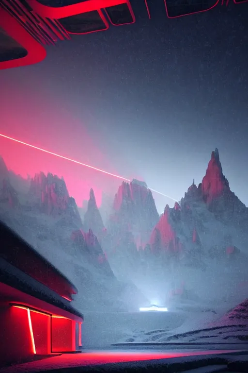 Image similar to futuristic atmosphere in the snowy mountains dolomites 3 d concept art, cinematic lighting, red neon laser, rule of thirds, depth of field, intricate details, building by zaha hadid, stormy snowing weather, emissary space by arthur haas and bruce pennington and john schoenherr, cinematic matte painting, dark moody colors, trending on artstation, featured on behance