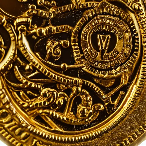 Prompt: close up photo of a gold coin, high detail, complex