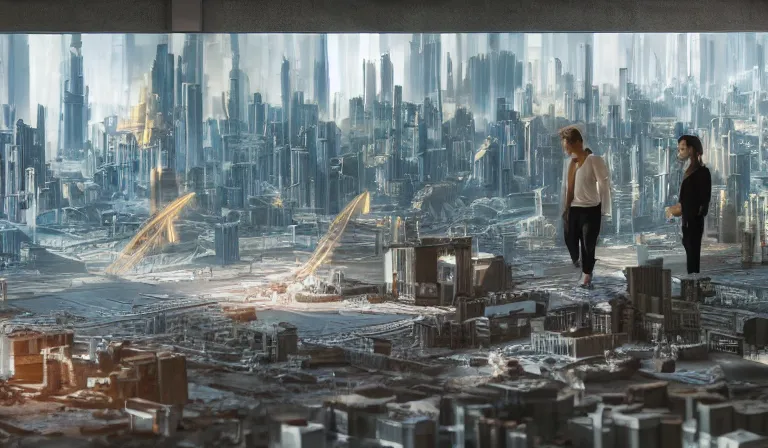 Image similar to group of people in bare walled warehouse, looking at hologram of futuristic city on a table, cinematic concept art, godrays, golden hour, natural sunlight, 4 k, clear details, tabletop model buildings, center model buildings, hologram center, crane shot, crane shot, crane shot