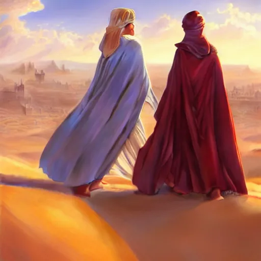 Image similar to three robed women on a sand dune, realistic, female, city in background, D&D, fantasy, intricate, elegant, highly detailed, digital painting, artstation, octane render, concept art, matte, sharp focus, illustration, hearthstone, shallow depth of field, dramatic lighting, art by Artgerm and Greg Rutkowski and Alphonse Mucha