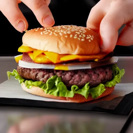 Image similar to a woman sewing human eyes onto a burger, 4 k, hyper realistic,