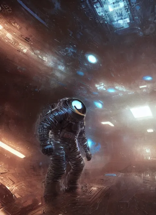 Image similar to concept art by craig mullins astronaut in futuristic dark and empty spaceship underwater. infrared glowing lights. complex and hyperdetailed technical suit. reflection and dispersion materials. rays and dispersion of light. volumetric light. 5 0 mm, f / 3 2. noise film photo. flash photography. unreal engine 4, octane render. interstellar movie art