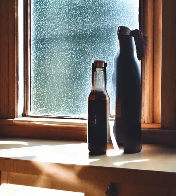 Image similar to a 4 k photorealistic photo of a bottle on a desk infront of a window. good reflections, sunny with sunbeams.