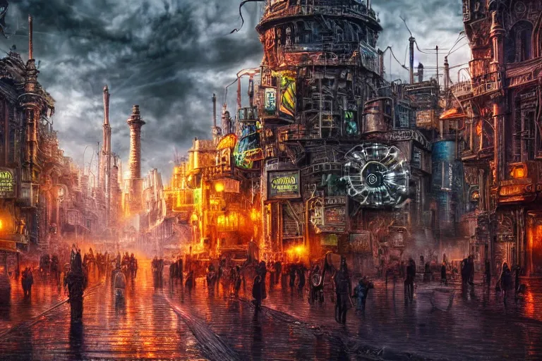 Image similar to . a city that runs on industrialized magic, a secret war will be fought to overwrite reality itself photo - realistic hd, hyperrealism, colourful, highly detailed, cinematic, luminescence, 3 2 k, dop, high contrast, intricate, mystery, epic, fantasy