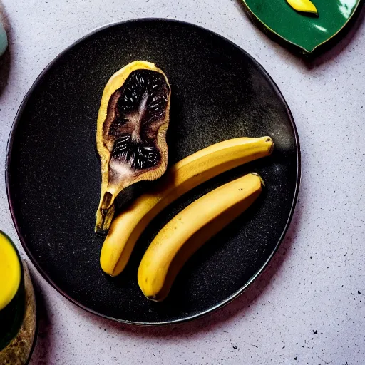 Prompt: photo of a delicious black banana on a plate on the table of a rustic farmhouse in cornwall