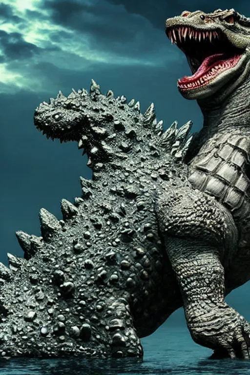 Image similar to Godzilla, kaiju, sea creature, crocodile, sharp teeth, scary look, angry