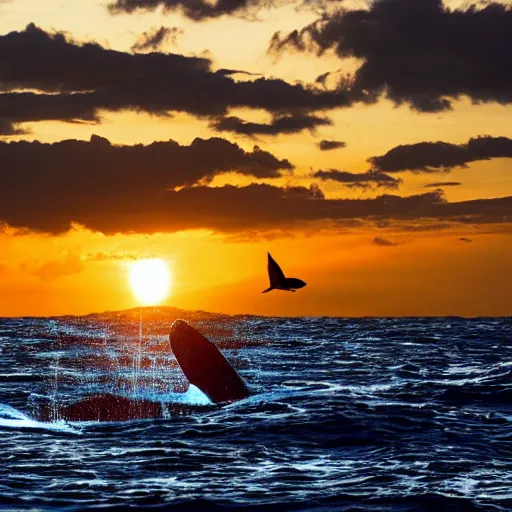 Prompt: photo of an ocean scene with whales swimming by