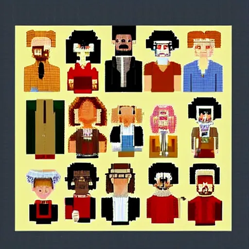 Prompt: Pixel art of The Royal Tenenbaums cast