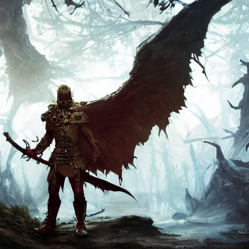 Image similar to Duck warrior, ferocious, woods, magic the gathering artwork, D&D, fantasy, cinematic lighting, centered, symmetrical, highly detailed, digital painting, artstation, concept art, smooth, sharp focus, illustration, volumetric lighting, epic Composition, 8k, art by Akihiko Yoshida and Greg Rutkowski and Craig Mullins, oil painting, cgsociety