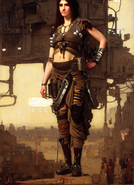 Prompt: beautiful cyberpunk pilot wearing military vest. Iranian orientalist portrait by john william waterhouse and Edwin Longsden Long and Theodore Ralli and Nasreddine Dinet, oil on canvas. Cinematic, hyper realism, dramatic lighting, high detail 4k